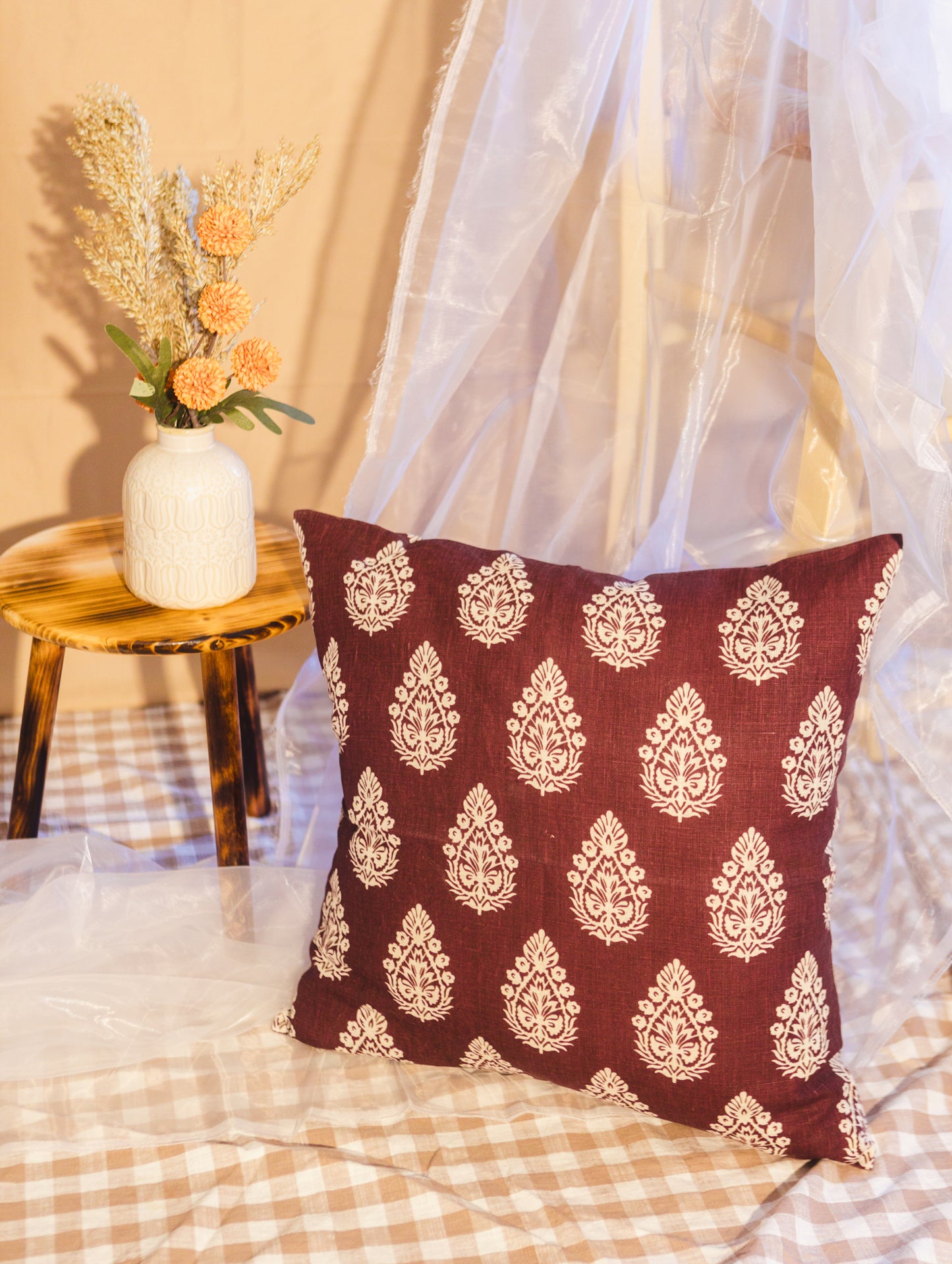 Paan - Pure Linen Block Printed Throw Pillow Cover - 20X20"