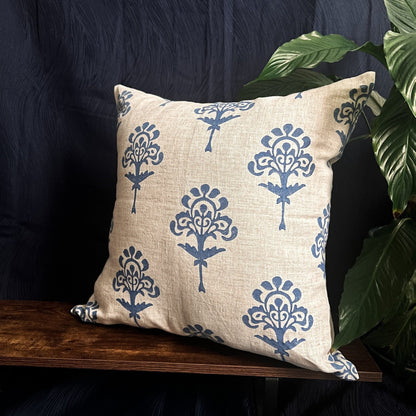 Blue Harmony - Pure Linen Block Printed Throw Pillow Cover - 20X20"