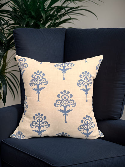 Blue Harmony - Pure Linen Block Printed Throw Pillow Cover - 20X20"