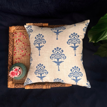 Blue Harmony - Pure Linen Block Printed Throw Pillow Cover - 20X20"